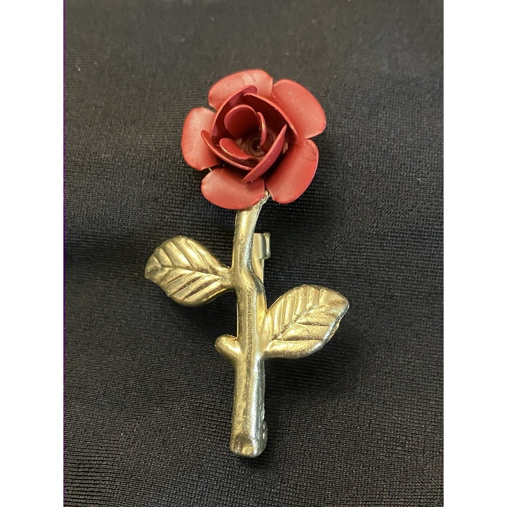VTG 1960s 3D Red Rose Matte Painted Brooch Gold Tone Stem Floral Retro Pin